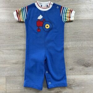 Vintage 80's Health-Tex Boys Size 12 months Romper Tractor Embroidery Blue